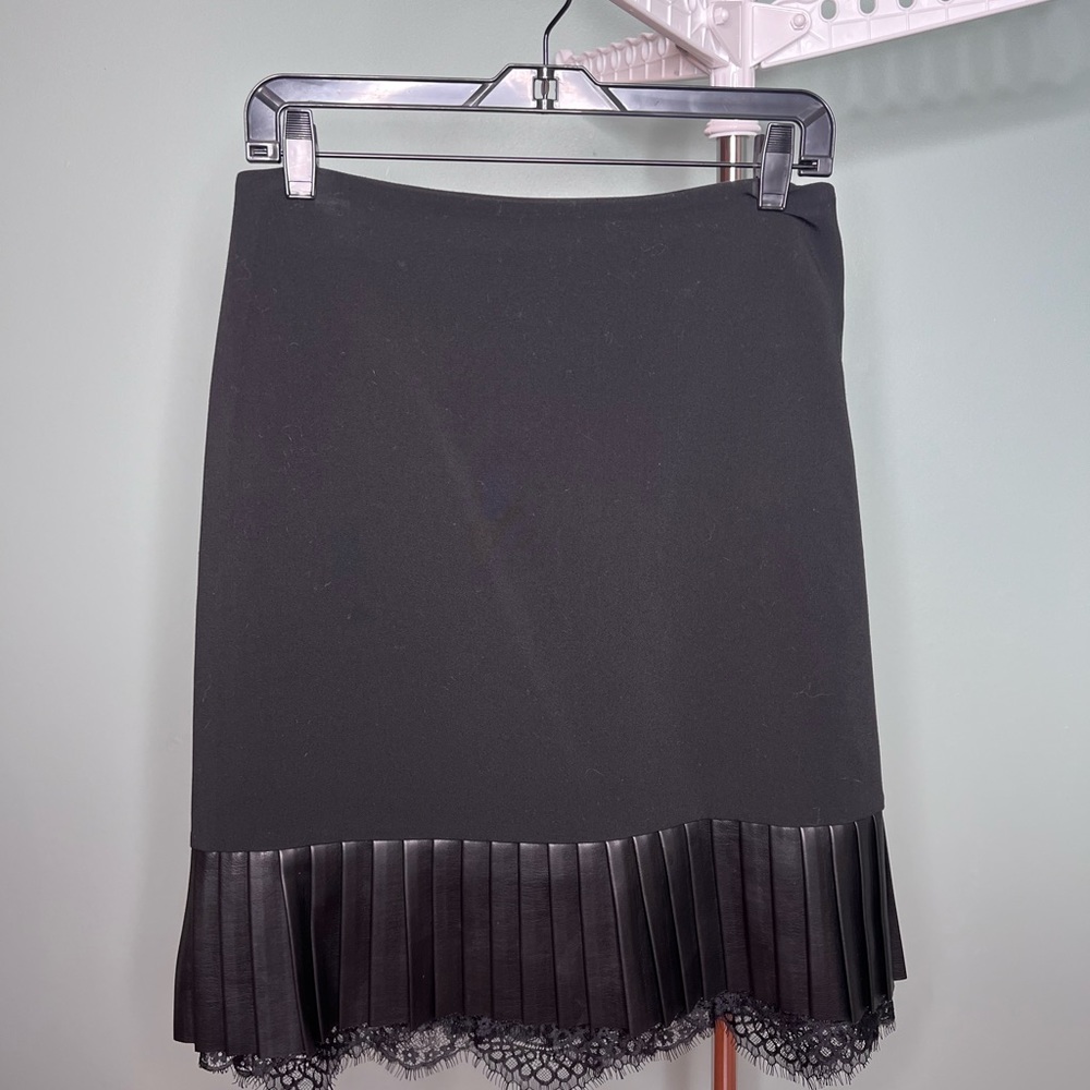 Karl Lagerfeld Black Pleated Vegan Leather Lace Skirt
